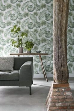 Vliestapete Blätter Aquarell Weiß Grünbraun 039012